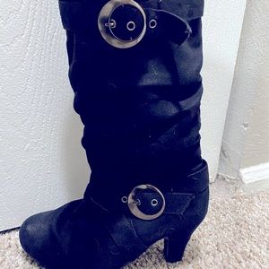 Size 6 small heel boots. Three different colors; black, gray, and purple.